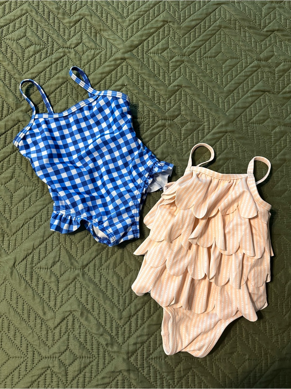 Girls Blue Gingham One-Piece Swimsuit & Peach Ruffle One-Piece Set